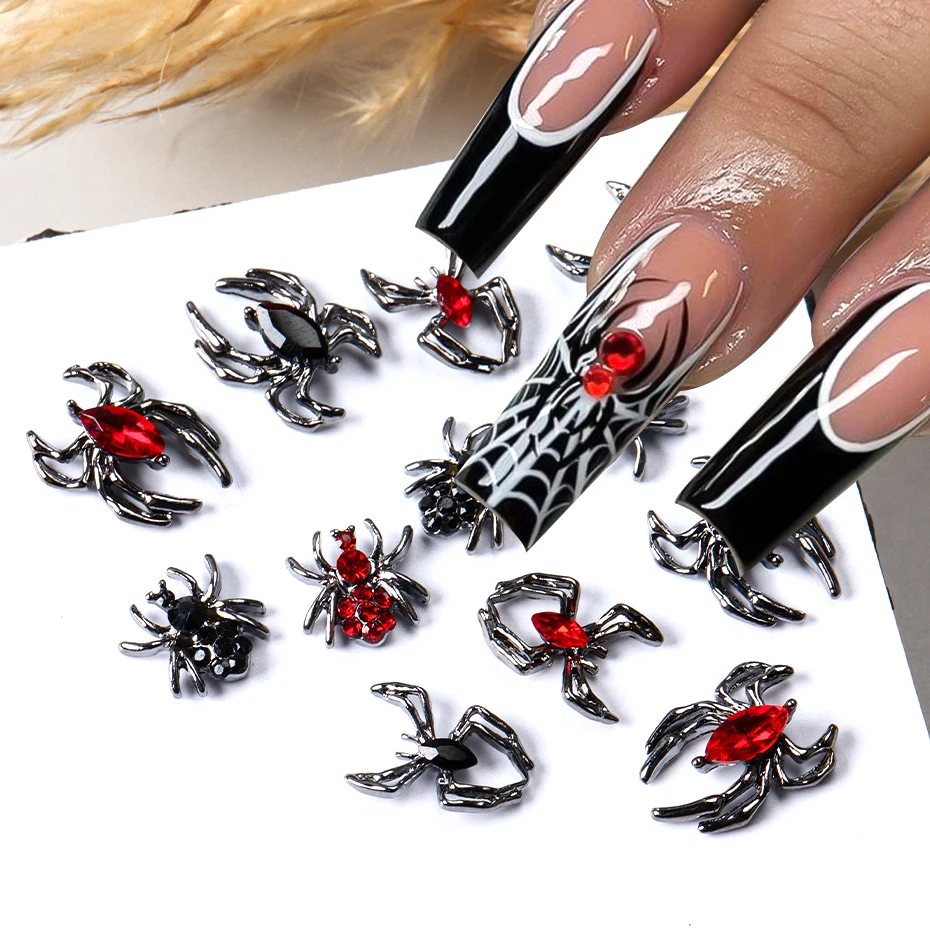 6/12/20Pcs Metal Halloween Series Nail Art Decorations 3D Spider Web Shiny Rhinestone Jewelry Nail Charms Manicure Accessories