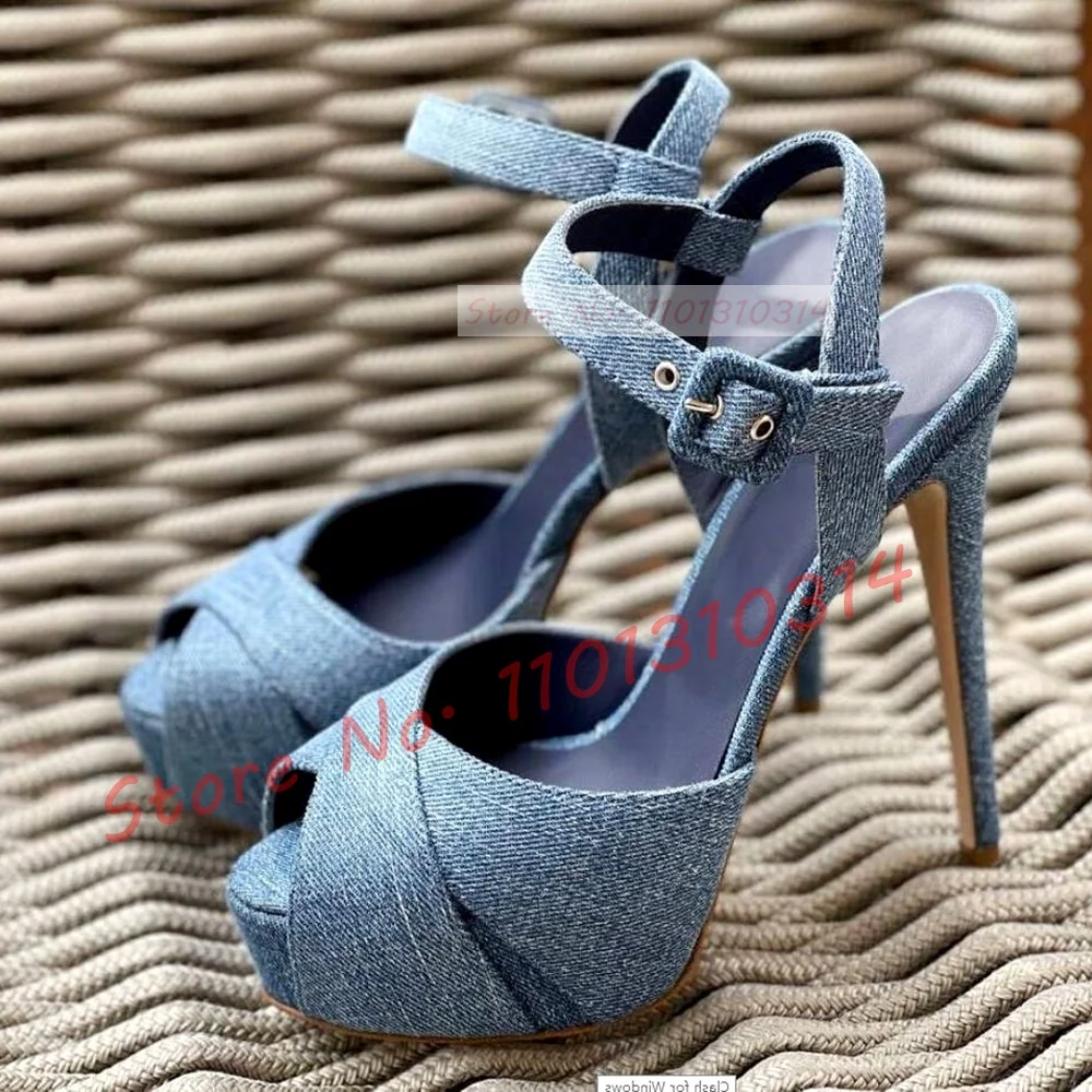Covered Platform Diamond Sandals Women Glittery Cross Strap High Thin Heels Shoes Female Summer New Denim Elegant Party Sandals image 2