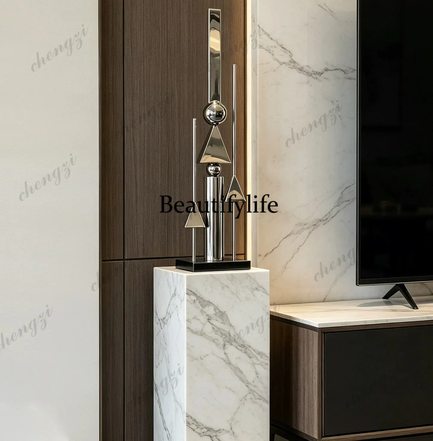 D136 Italian light luxury geometric stainless steel sculpture ornament model room living room entrance niche abstract art decora