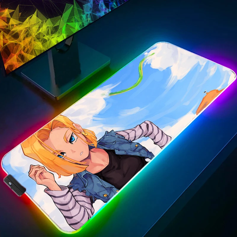 Dragon Ball Android 18 LED Mouse Padคอมพิวเตอร์แล็ปท็อปอะนิเมะคีย์บอร์ดRGBแผ่นรองเม้าส์Mousepadคีย์บอร์ดเกมBacklightโต๊ะ