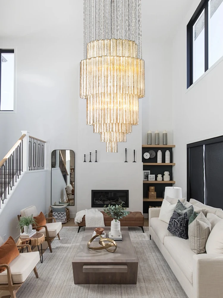 

American Large Stainless Steel Glass Ceiling Chandelier Led Home Decor Villa Duplex Lobby Two-story Room Decoration Big Lamps