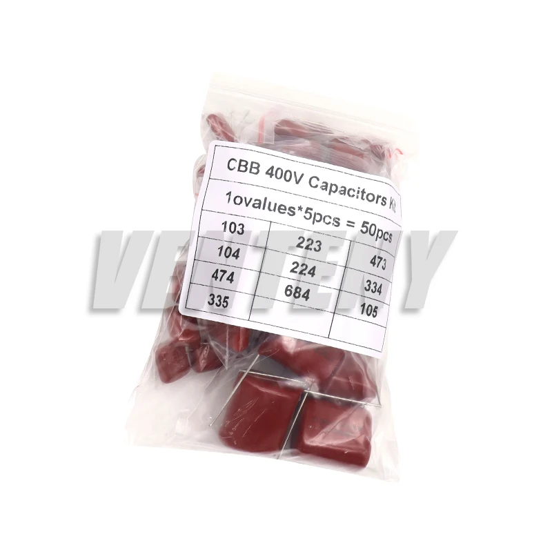 50PCS CBB Capacitor Assortment Kit 400V 10NF-3.3UF 10values*5pcs Metallized Polyester Film Capacitance