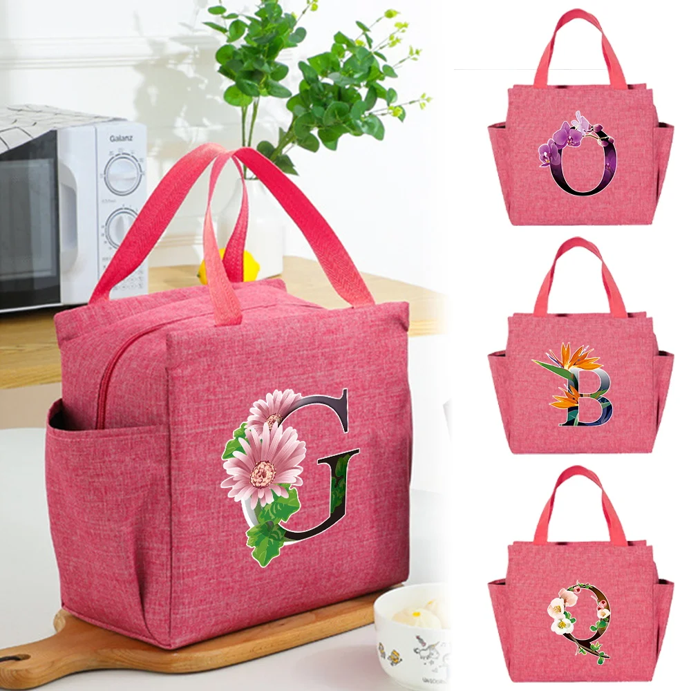 

Lunch Bag Kids Thermal Insulated Pink Lunch Box Cooler Bento Pouch Handbag Printing Flower Color Series for Outdoor Picnic