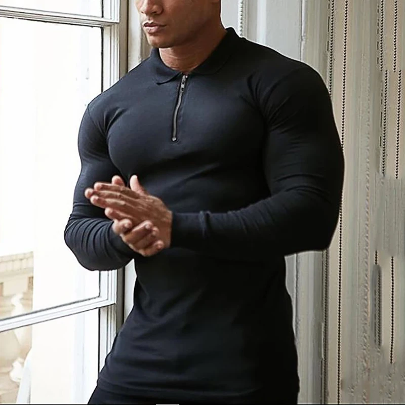 New Fashion Autumn Polo Shirt Mens Stretch Cotton Sports Polos Male Spring Casual Long Sleeve Breathable T Shirt Gym Clothing