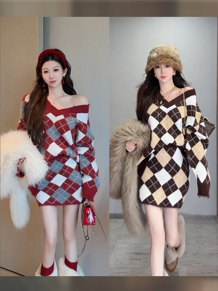 

Комплект Harora Sister: Зимний вязаный костюм с V-образным вырезом и ромбовидным узором (топ и юбка), женский модный комплект из высокоэластичного полиэстера и нейлона