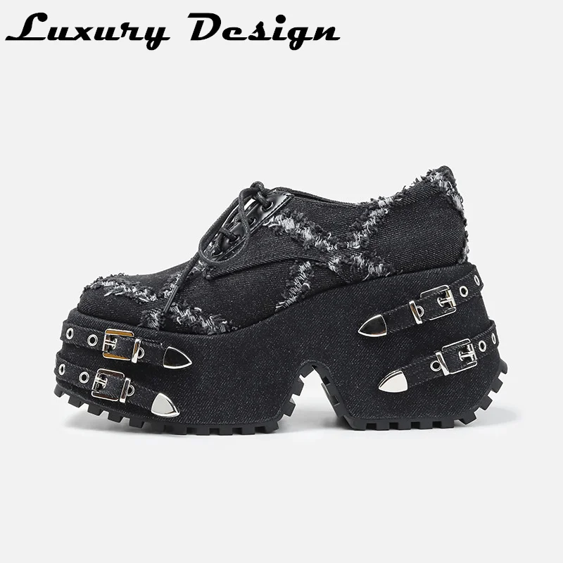 

Women Punk Style Lace-up Platform Flat Shoes Gothic Dark Lolita Platform Shoes Women Trend Design Fashion Thick Sole Denim Shoes