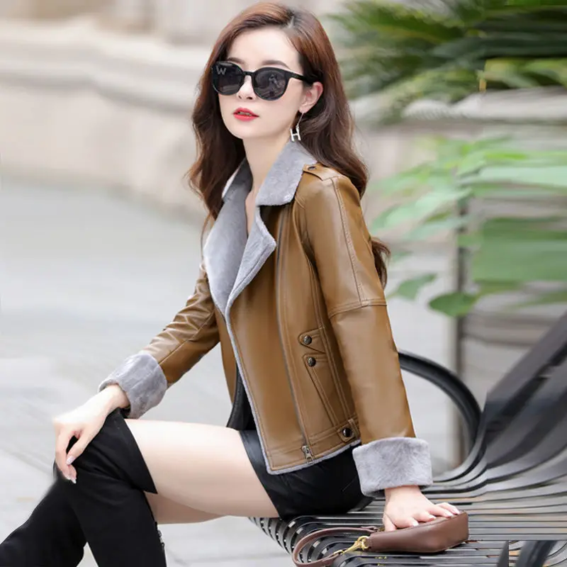 2023 Autumn Winter New Women Short Slim-Fit Leather Coat Fashion Fleece-Lined Warm Leather Jacket Temperament Leisure Outwear