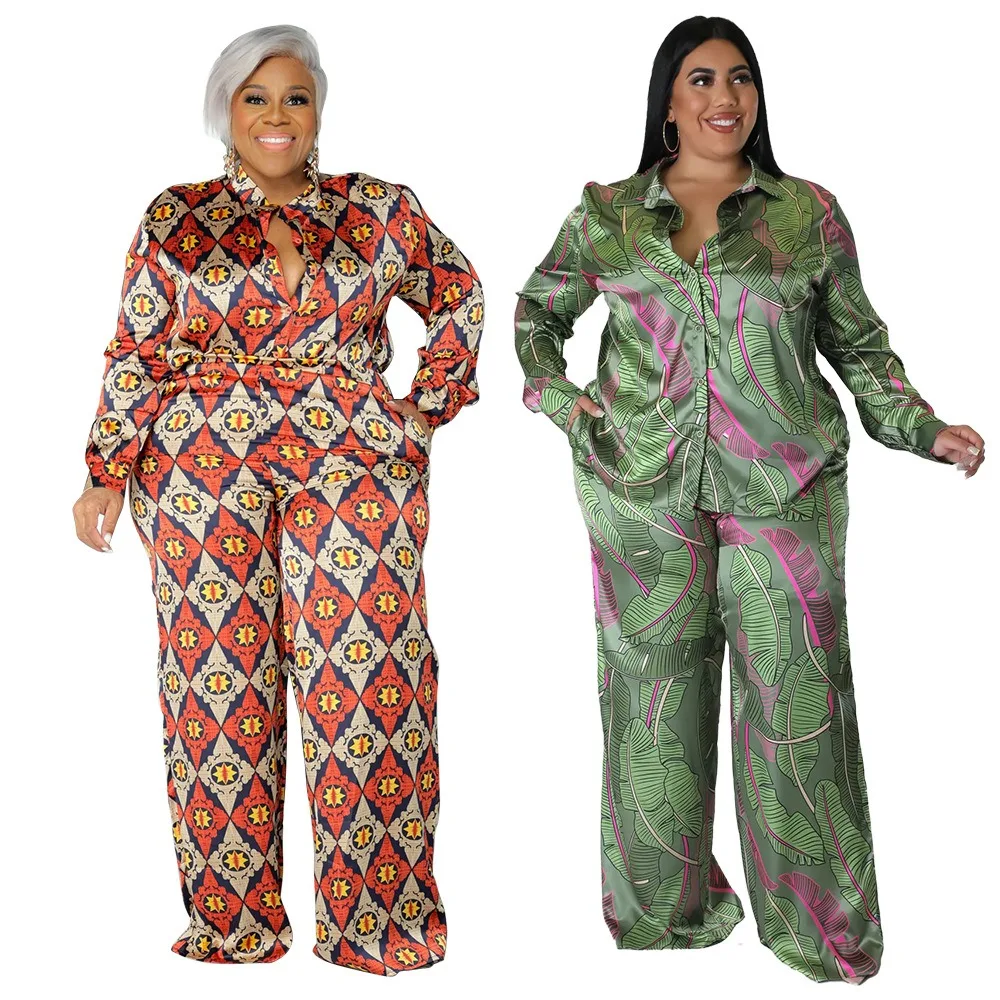 L-4XL Plus Taille Deux Pièces Ensembles pour Femmes Africaines Vêtements 2024 Mode Impression À Manches sulfAt Top et Large Jambe Pantalon Costumes