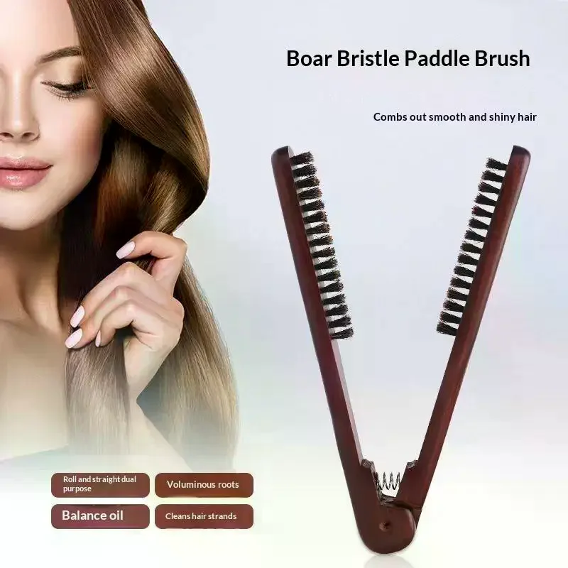 

V-Shape Straightening Comb Paddle Brush Anti-Static Boar Bristle Hair Straightener Styling Tool For Smoothing & Detangling