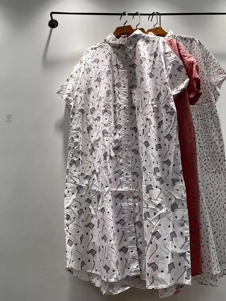 ผ้าฝ้าย 100% ชุดเสื้อเชิ้ตยาวสําหรับผู้หญิงฤดูร้อนญี่ปุ่นฮาราจูกุแฟชั่นการ์ตูนพิมพ์ชุดกระดุมแถวเดียวเสื้อยาว