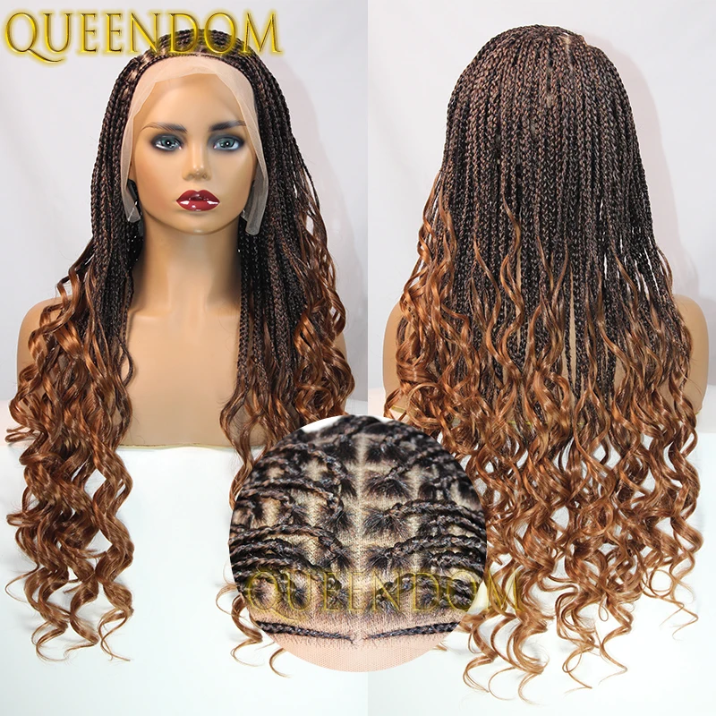 Synthetic Ombre Blonde Box Braid Wig 28 Inch Full Lace Bohemian Braided Goddess Wig Knotless Cornrow Braids Wig With Curly Ends