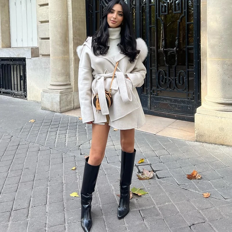 Tornova Luxury Fur Collar Double-sided Wool Coat Woman Mid-length Hooded Overcoat 2025 Autumn Winter New Female Furry Outwear