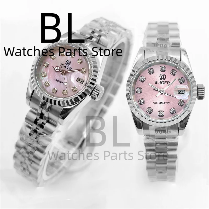 

BLIGER Sunbust Женские часы с розовым циферблатом NH05 Механизм 26 мм Серебряный корпус Розовый жемчужный циферблат в форме ракушки GEMS Индекс Сапфировое стекло Водонепроницаемое