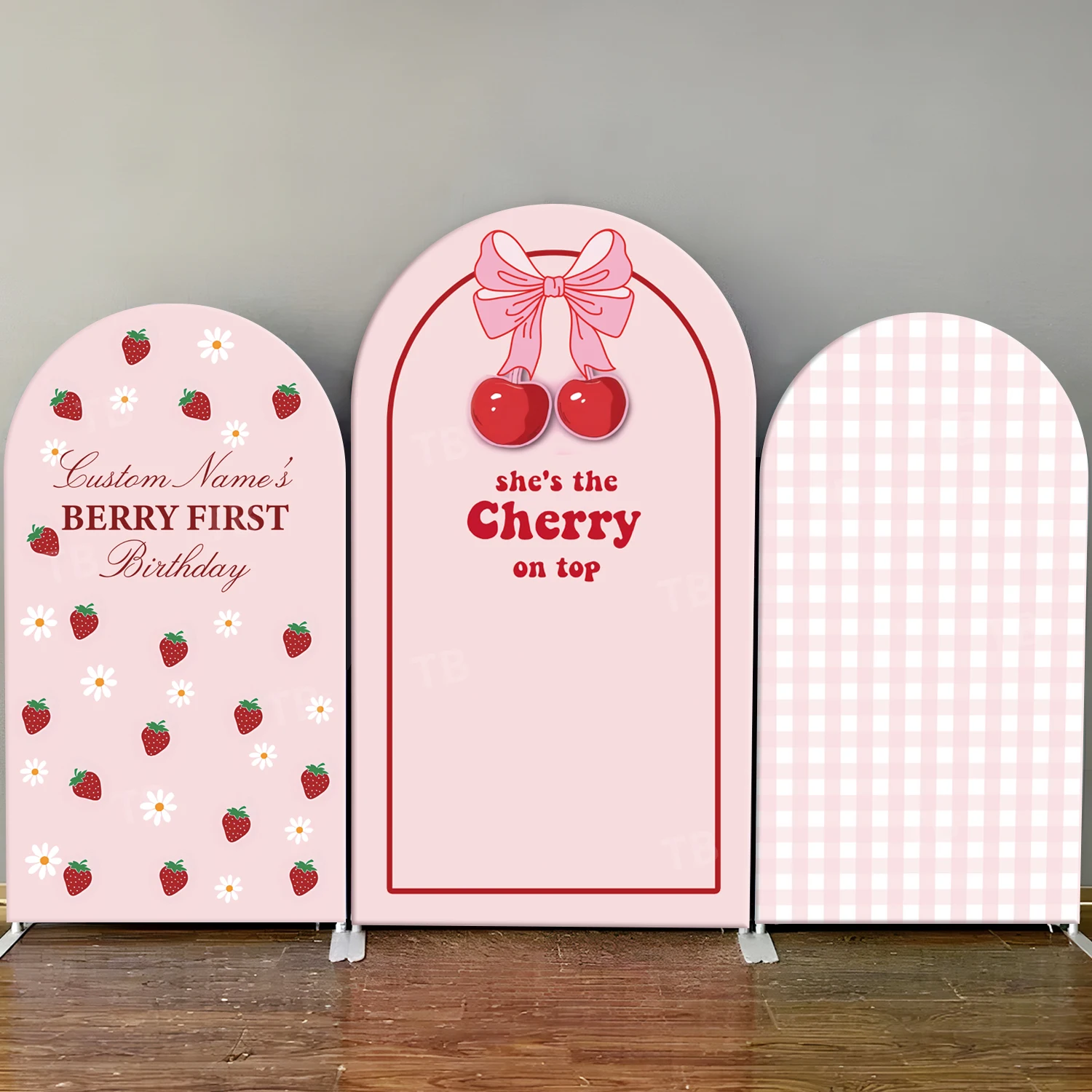 TB Custom Girl Cherry Happy Birthday Arch Backdrop Cover Pink Bows Florals Photography Background Wall Elastic Party Decoration