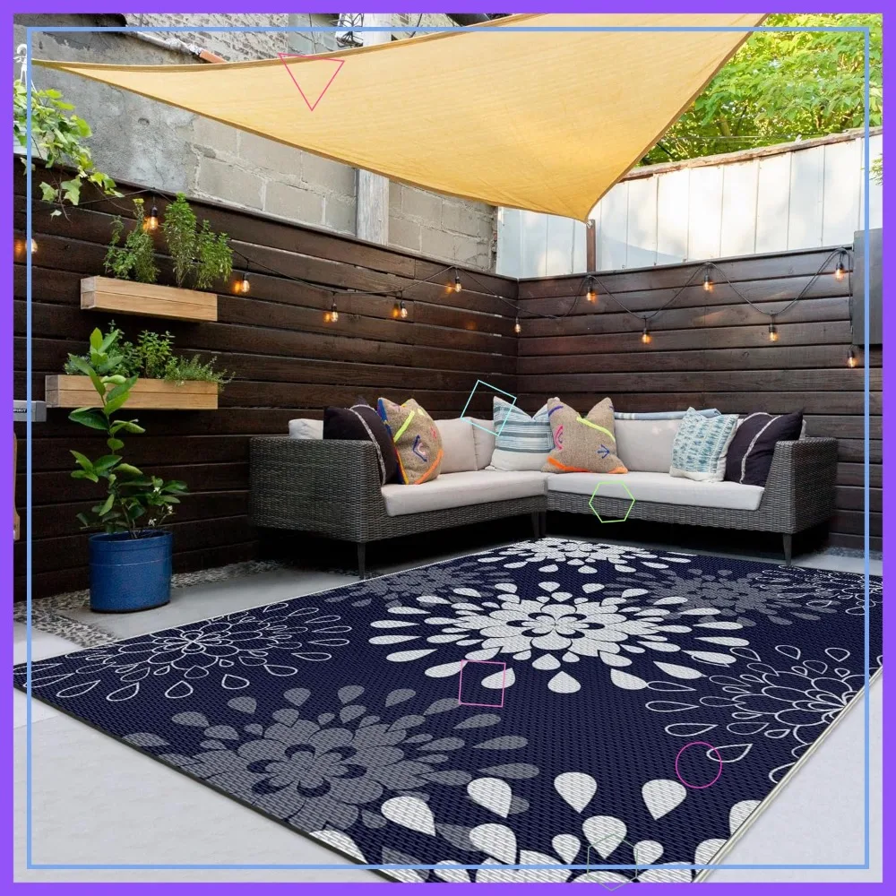

8x10 ft Waterproof Indoor Outdoor Rug, Reversible Plastic Straw Mat for Patio, RV, Camping, Beach, Picnic, Porch - Blue & White