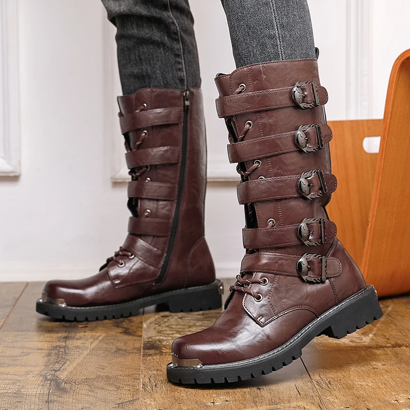 

Men High Top Boots PU Long Buckle Trendy Motorcycle Boots Classic Comfortable Men Boots Sizes 38-46