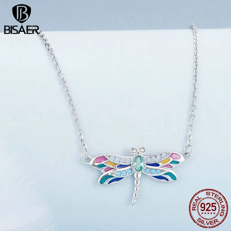 BISAER 100% 925 Sterling Silver Dragonfly Pendant Necklace Animal Enamel Process Plated Platinum Fine Jewelry for Women Party