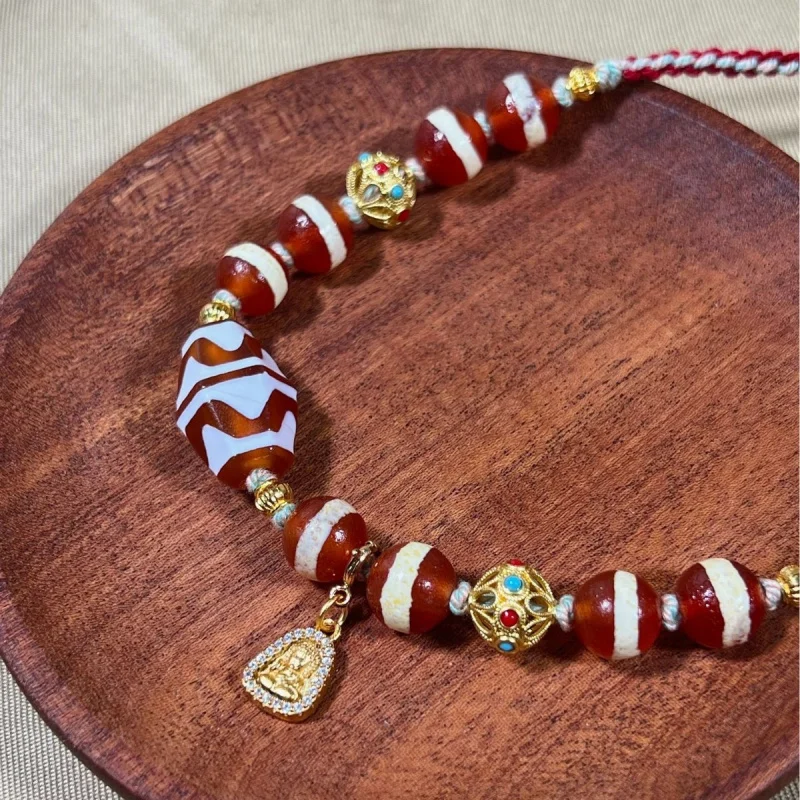 Tibetan-Style Double Tiger Tooth Agate Dzi Necklace Pendant, Handmade Cultural Accessory, Buddhist Bead Men And Women