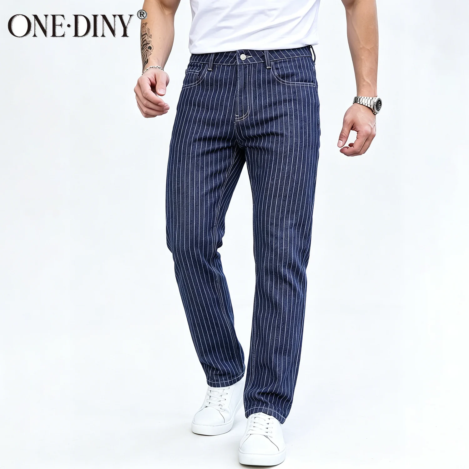 ONE·DINY Light Blue White Striped Jacquard Slim Elastic Fit Straight Leg Jeans Business Casual Style Commuting Denim Pants﻿