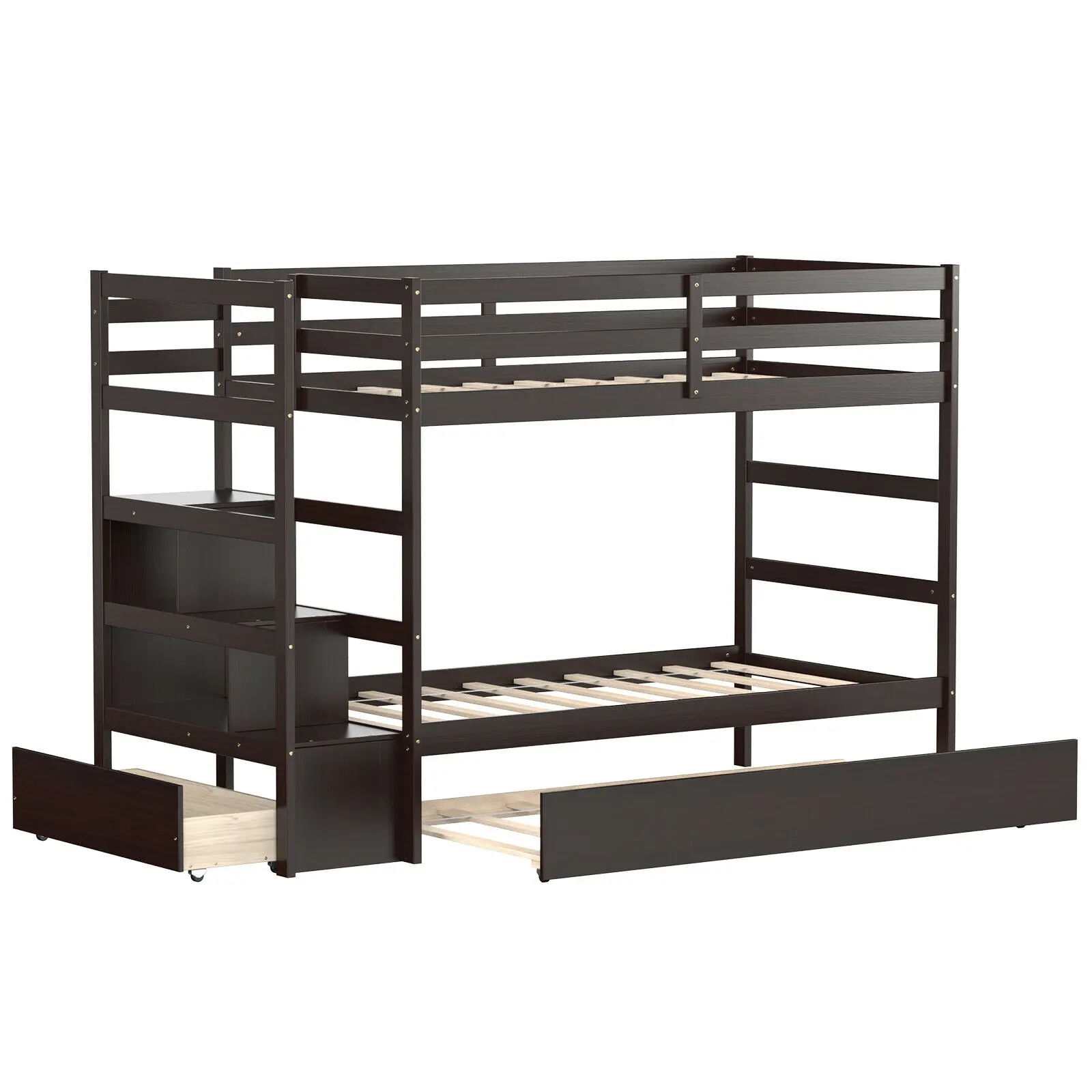 Twin Over Twin Bunk Bed with Trundle Stairway and Storage Shelf Drawer Espresso