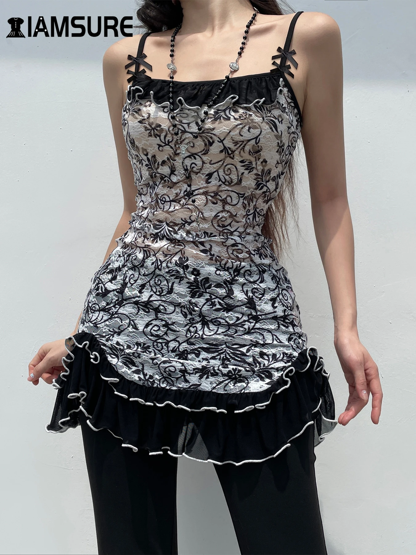 

IAMSURE Sexy Slim Floral Ruffles Split Lace Dress See Through Patchwork Slash Neck Sleeveless Mini Dresses For Women 2024 Lady