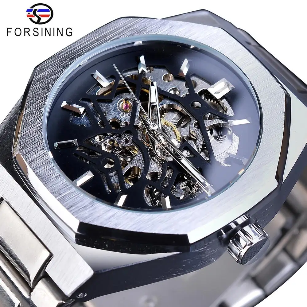 Forsining Fashion Steampunk Men\'s Automatic Mechanical Watch Hollow Skeleton Design Black Dial Waterproof Business Wristwatches