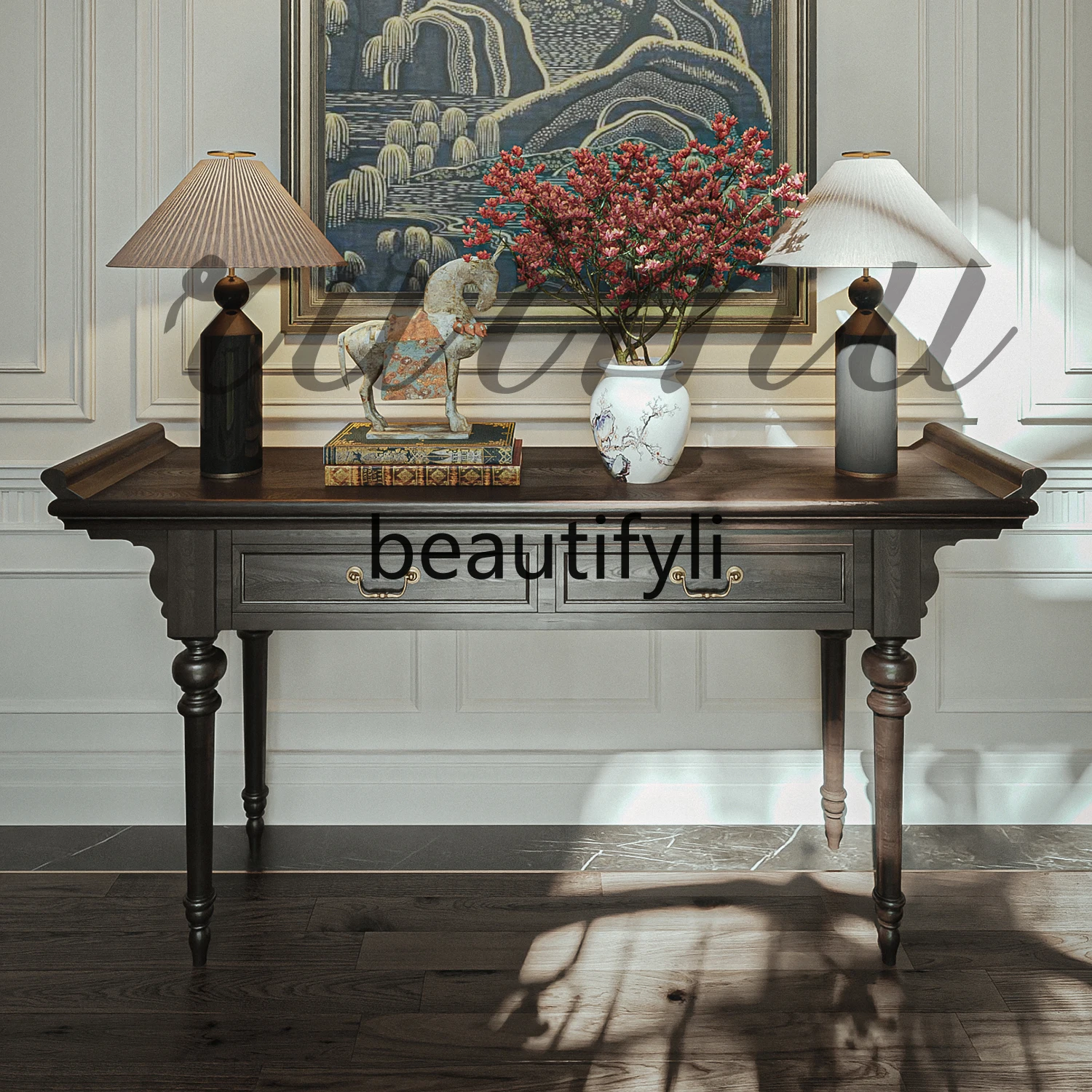 

French solid wood entrance table, living room partition, American black walnut home hall corridor partition