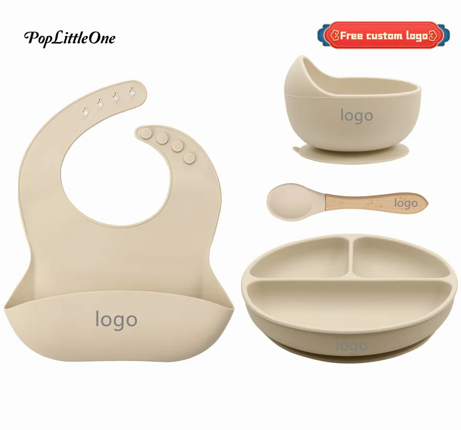 Personalized Name 4pcs Silicone Baby Feeding Set Newborn Sucker Bowl Dishes Plate Waterproof Bib  Spoon Children's Tableware