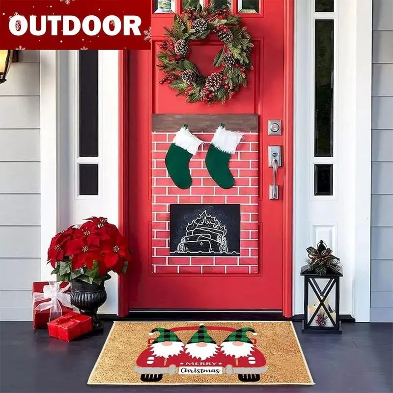 VIKAMA Christmas Gnome Door Mat Rustic Tan Tomte Elf Candy Cane Welcome Rug Snowflake Entryway Floor Mat Non Slip Decor