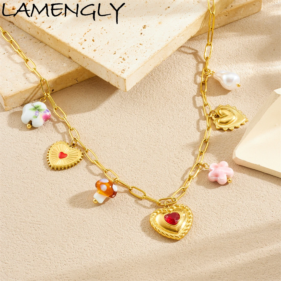 

LAMENGLY 316L Stainless Steel New Trend Red Zircon Inlay Heart Flower Pendant Necklace Women Noble Elegant Neck Chain Party Gift