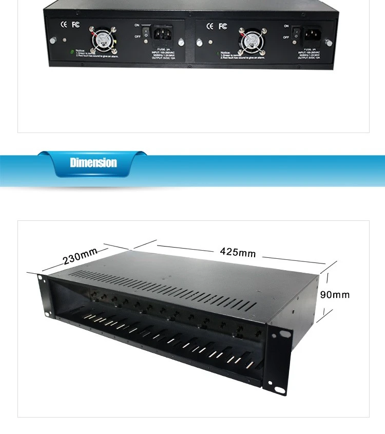 Dual Power Chassis Media Converter Rack, Black Metal Housing, 2U High Power, 14 Slots