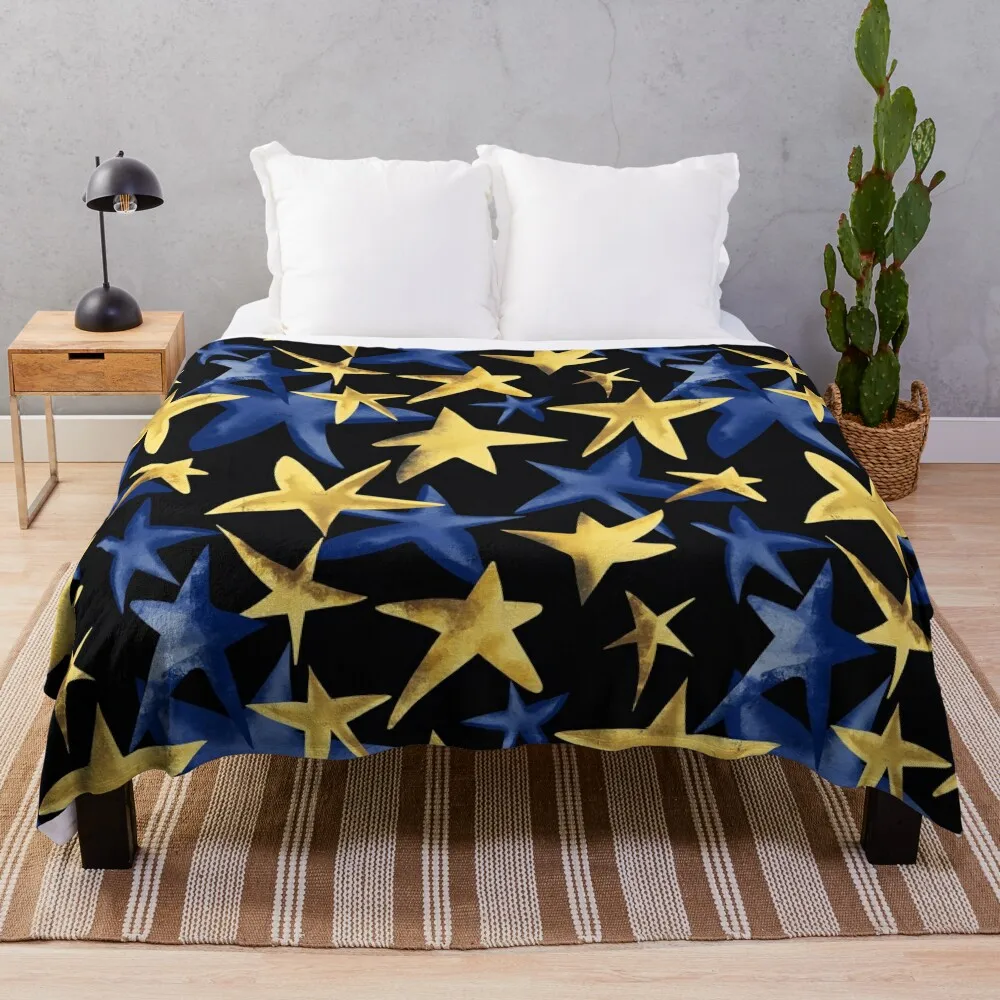 Yellow And Blue Scattered Stars Festival Pattern On Black Throw Blanket Sleeping Bag For Decorative Sofa Blankets