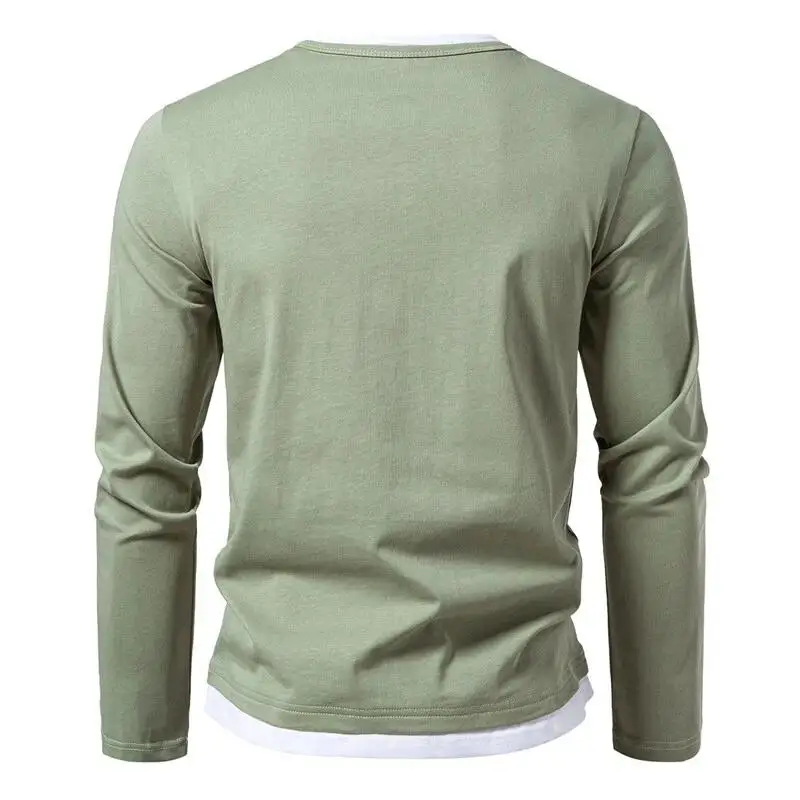 New Double-layer V-neck Men's Long Sleeved T-shirt For Outdoor Sports And Leisure Breathable Pure Cotton Round Neck Base T-shirt