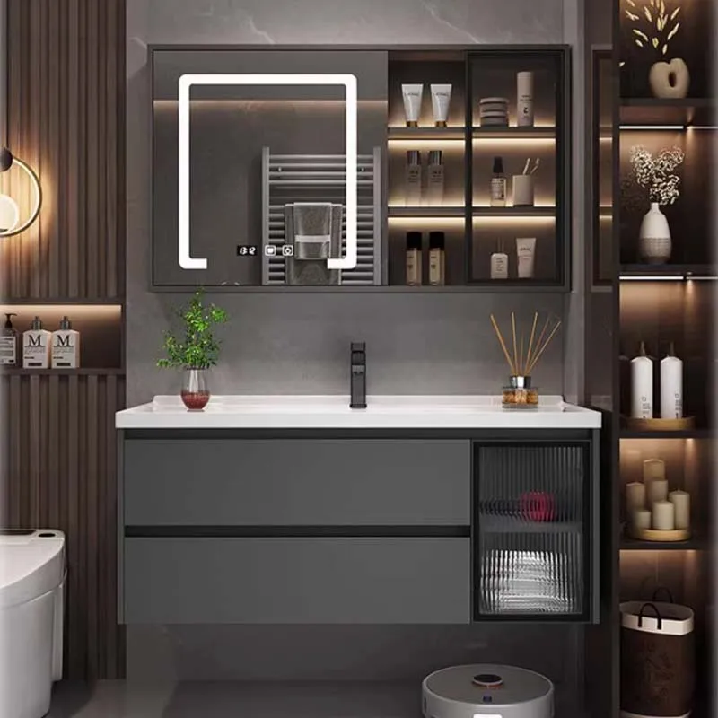 Wall Mounted Modern Cabinet Luxury Ceramic Wooden Storage Cabinet Sink Mirror Meuble Rangement Salle De Bain Bathroom Furniture