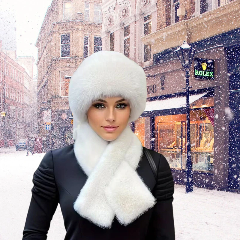 2 Pcs/Set Women Winter Hat Scarf Set Fuzzy Plush Thickened Windproof Heat Retention Cross Neck Wrap Solid Color Dome Faux Fur Fi