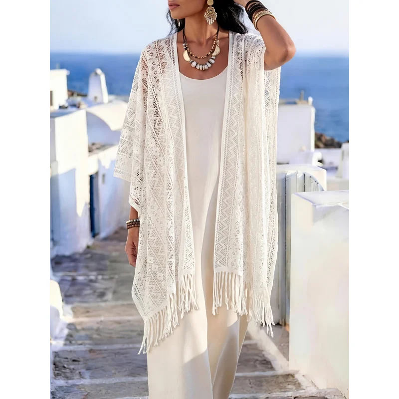 Women Fringe Crochet Kimono Poncho Open Front Hollow Lace Beach Cover Up Boho Resort Wrap