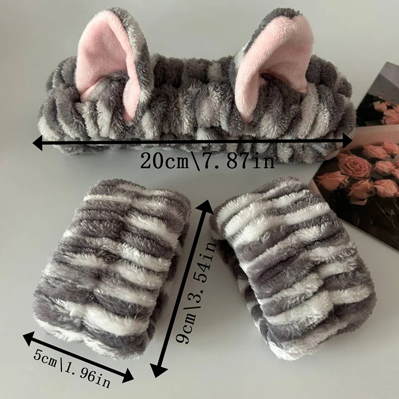 3 teile/satz Nette Katze Ohr Leopardenmuster Plüsch Stirnband Für Frauen Mädchen Spa Waschen Gesicht und Make-Up Stirnband Elastische Handgelenk strap – Detail 1