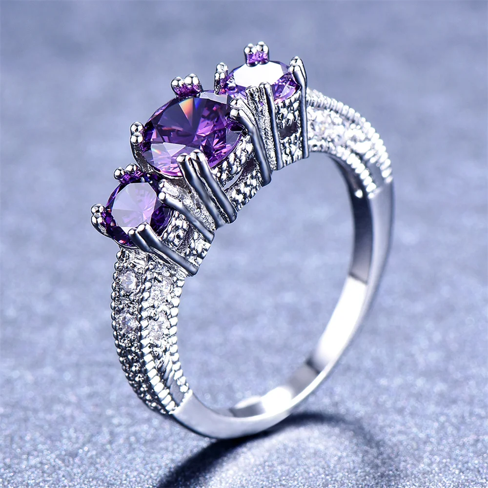 Purple Crystal Three Stone Engagement Rings For Women Trendy Silver Color Bridal Wedding Bands Fashion Jewelry Mother\'s Day Gift