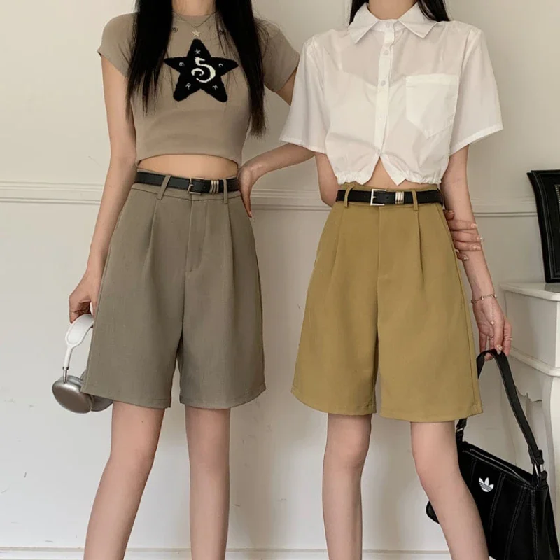 Casual Suit Knee-length Shorts for Women Fashion with Belt High Waist Straight Shorts Office Lady All Match Loose Shorts Female