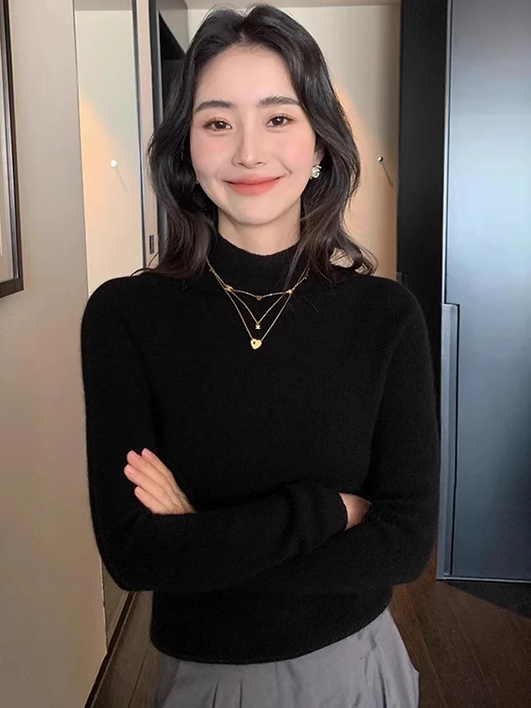 Slim Fit Camere Base irt Women's Overhead Ne Commute Sle Bla Knitted Sweater f High Collar Autumn Winter New Arr...