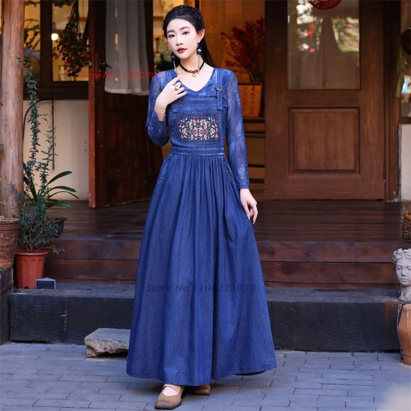 2024 chinese vintage hanfu dress national flower embroidery sleeveless denim dress oriental a-line folk dress retro streetwear