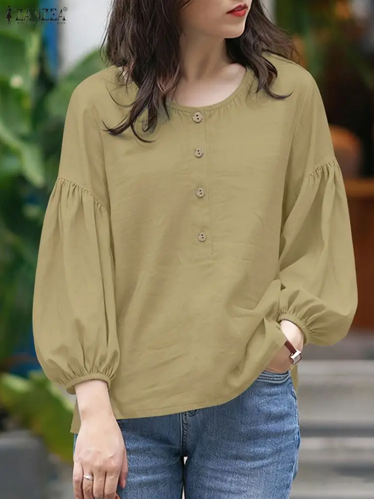 2026 ZANZEA Elegant 3/4 Lantern Sleeve Blouse Autumn Summer Women Tops Casual Solid Work Shirt Female O Neck Buttons Dwn Shirts