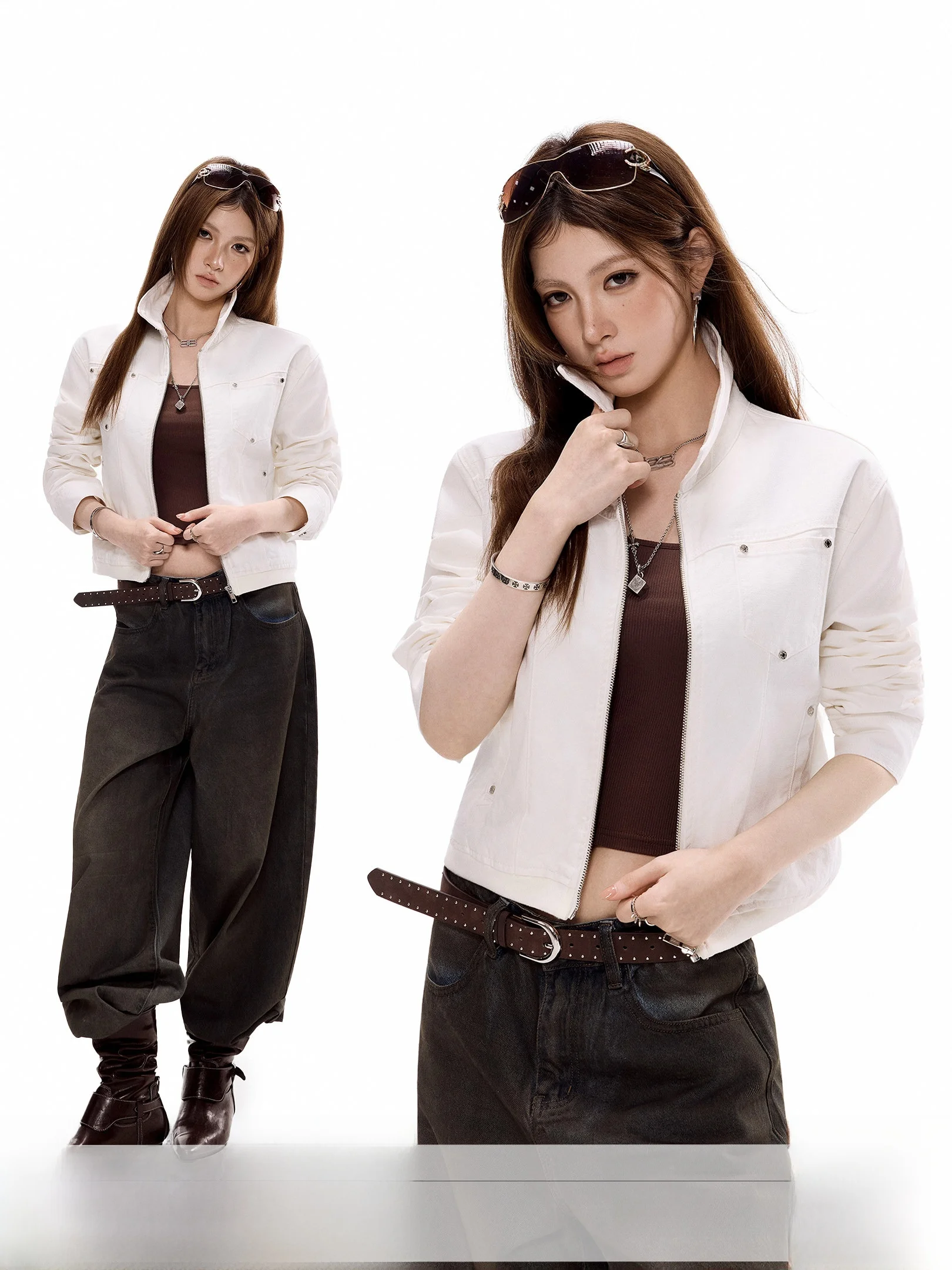 

White Stand Collar ort Jaet Women's Spring 2026 New Retro Open Cardigan Casual Top ICH MODE Ladies Faion Cotton Long Sl...