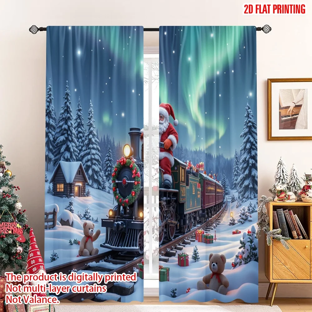 

2pcs 2D flat printing Merry Christmas Popular Window Curtains Christmas Train Santa Claus Northern Lights Fabric Without