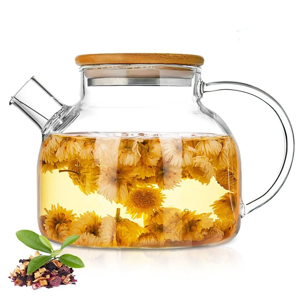 Tetera de Vidrio de 1/1.8L con Tapa de Bambú, 1 Unidad, Tetera de Vidrio con Filtro Extraíble y Boquilla para Té de Hojas Sueltas, Té de Frutas y Té Aromático