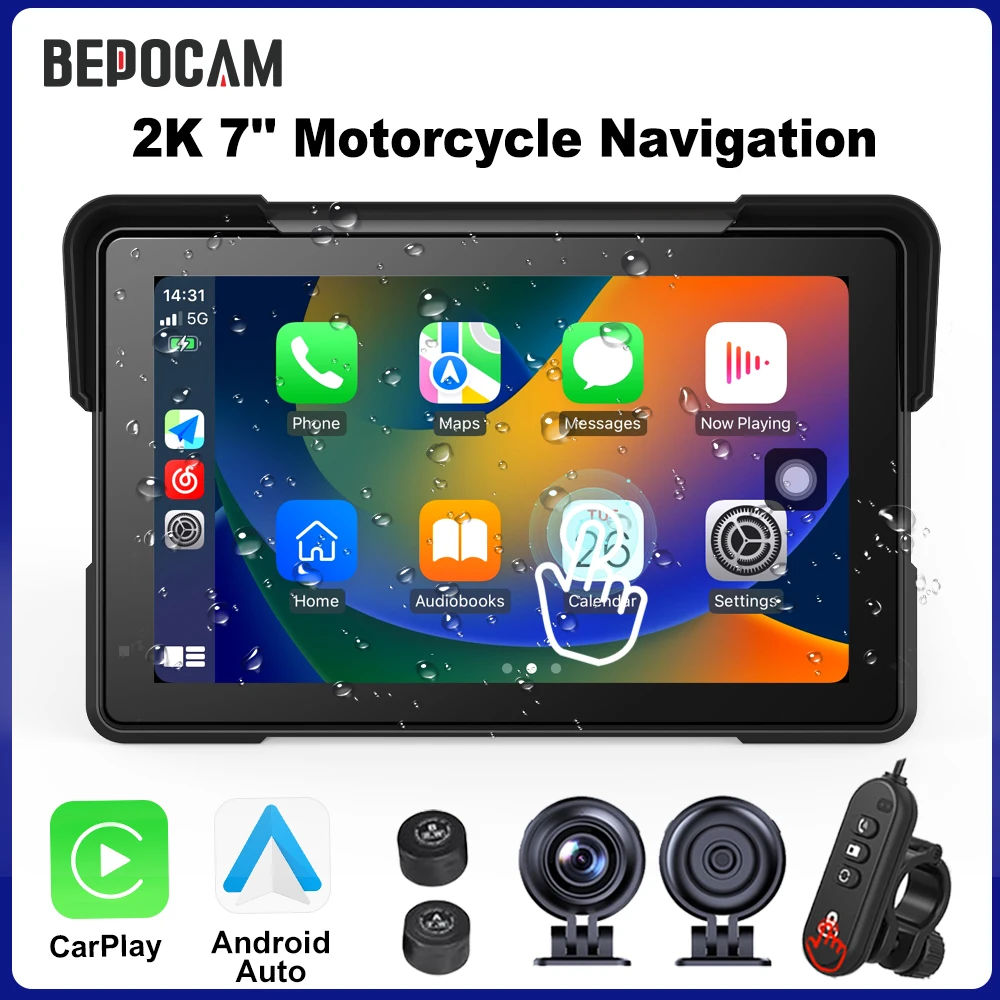 

BEPOCAM 5/7" Motorcycle GPS Navigation Wireless Carplay Android Auto 7in Dual 2K DVR Drive Recorder Moto Monitor IPX7 Waterproof