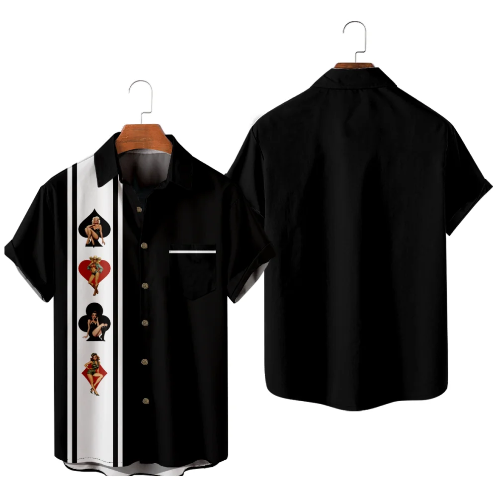 

Мужская повседневная черная рубашка с принтом для девочек в стиле пэчворк Y2K Hombre, модная летняя черная рубашка, гавайская пляжная рубашка большого размера