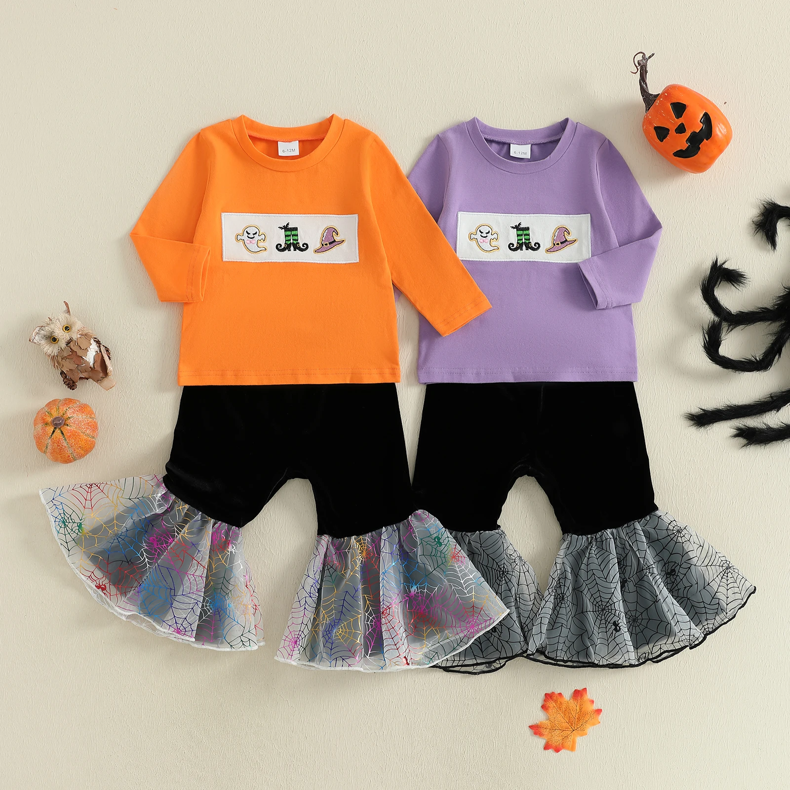 

0-3 Years Toddler Girls Halloween Pants Sets Long Sleeve O Neck Ghost Witch Hat Embroidery Tops Flared Pants Set