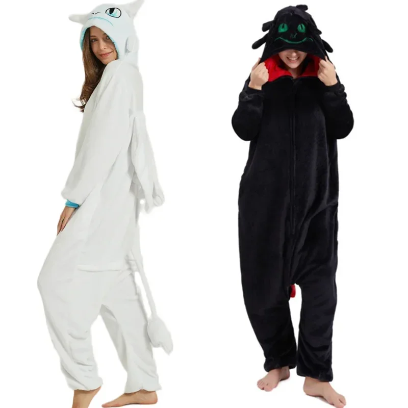 Toothless white black dragon onesie adult unisex flannel pajama anime cosplay costume train your night Fury sleepwear homewear