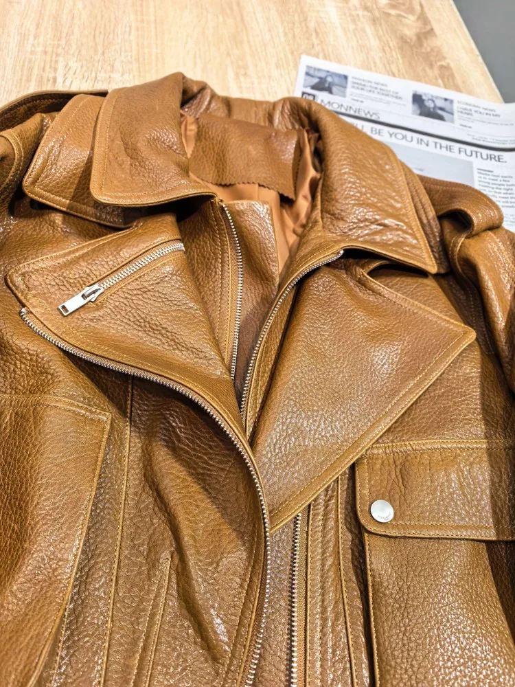 خريف شتاء جديد إمرأة موضة جلد طبيعي جاكيت زيبرا كم طويل Sheespkin ترتيب الأسرة طوق سيدة دراجة نارية معطف قصير